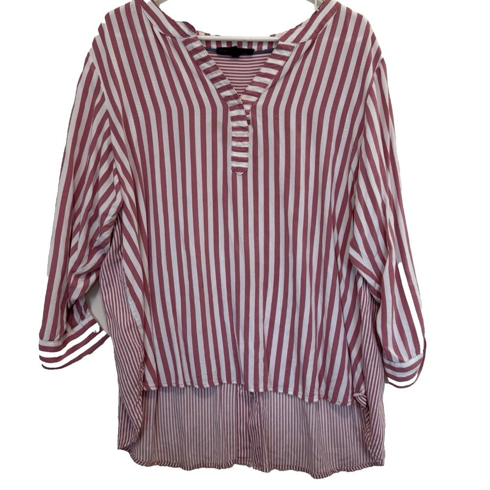 Jane Delancey Hi Lo Top 1X‎ Pink Stripe Roll Tab Slv Button Coastal Cottagecore